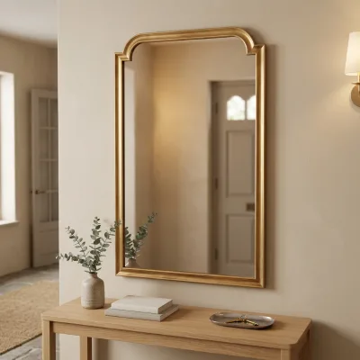 Vintage Antique Gold Arched Wooden Wall Mirror French Retro Decorative Wall Mounted Mirror for Entryway Bedroom Home Decor