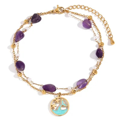 DUYIZHAO Ins Bohemian Waterproof Stainless Steel Gold Plated Purple Natural Stone Dolphin Starfish Charms Anklet for Women