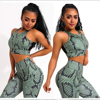 Sports Women Green  Snake Print Bodysuits 2 Pieces Sets Back Hollow Out Bra and Fitness Pants Tracksuits Yoga Set