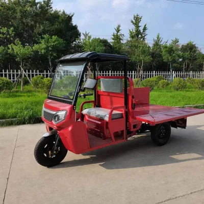Red Chinese 3 Wheel Folding Electric Cargo Transport Trike Tricycle 60V Adult Open Body 1000W Flatbed With Shed for Deliveries