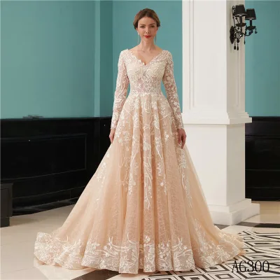 V-neck Bridal A-line Long Sleeve Lace Appliques Body Sexy Vneck Backless Islamic Wedding Dress