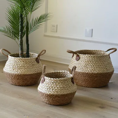 Hot Selling Foldable 3pcs Set Brown Eco-friendly Grass Handmade Flower Pot Garden Home Decoration Basket