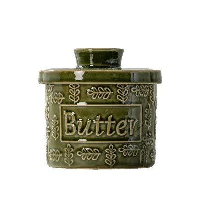 Antique Embossed Style Retro Green Cylindrical Ceramic Airtight Portable Butter Jar