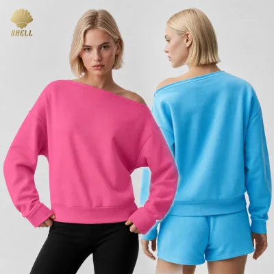Custom Women's Wide Boat Neck Off Shoulder Long Sleeve Sweatshirt Dropped Shoulder Rib Cuffs Hem OEM Custom