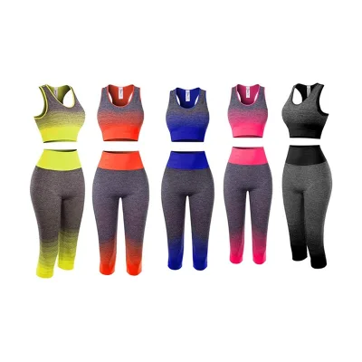 Women's Elastic Seamless Gradient Colors Sports Bra Cropped Leggings Gym Fitness Yoga Sets