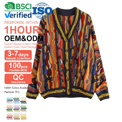 Color Stripe Block Knit Complicate Pattern Knitwear Long Sleeves Winter Thick Cardigan Relaxed Men Women Unisex Sweater Wear