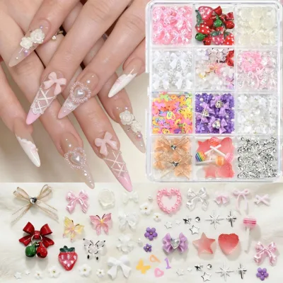 12-grid Lollipop Bow Nail Ornament Alloy Resin love Heart Flowers Pearl Diamond Wear Nail DIY Accessories