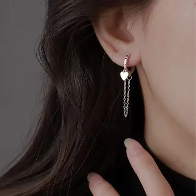 Lady's earrings trendy copperset diamond long dangling heart shaped ear studs