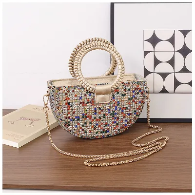 Shiny Diamond-encrusted Handbag, Hot Braided Ring Handle Half Moon Rhinestone Tote, Luxury Shining Crystal Versatile Dinner Bag