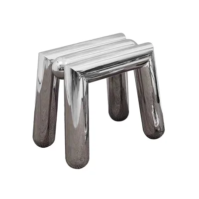 Mirror Chrome Low Stool Sculptural Triple Tube Seat Bent Legs Splayed Rounded Feet Accent Stool Minimalist Living Room Hocker