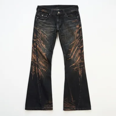 DIZNEW Printed Jeans Black Low Rise Flare Copper Laser Bleach Feather Rune Totem Plant DIZNEW EST 2024 Whisker Custom OEM