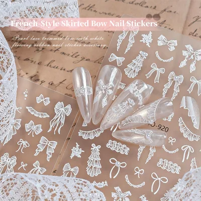 French Hemline Bow Nail Sticker Pearl Lace Lace Lace Bow White Ribbon Nail Sticker Accessory