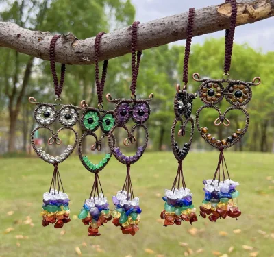 Hand Carved Natural Crystal Gravel Keychain Gemstone Owl Keyring Car Hanging Accessory Reiki Energy Healing Gifts Home Decor