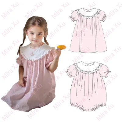 New Design Custom Embroidered 100% Cotton Pink Romper for Toddler Girls Puff Sleeve Baby Girls (6M- 12Years) Dress Set