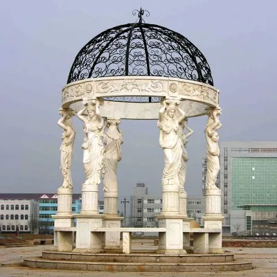 Customization Greek Roman Large Marble Natural Round Stone White Outdoor Iron Dome With Marble Gazebo Statue