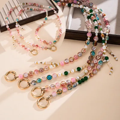 Circular Crystal Mobile Phone Necklace Lanyard Heart Beads Shoulder Strap Handmade Beaded Phone Case Crossbody Cell Phone Strap