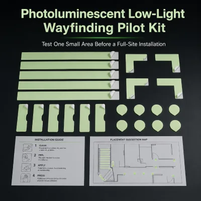 Custom Photoluminescent Low-Light Wayfinding Pilot Kit for Hotel Stairs Door Frames Corners and Facility Safety Testing