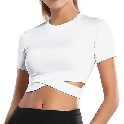 Women Crop Tops Tummy Cross Short Sleeve Sport Yoga Fitness Running Tank Tops