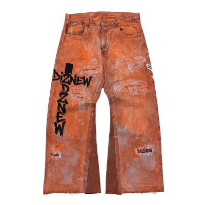 DIZNEW Printed Jeans Orange Tie Dye Washed Baggy Full Back Bubble Graffiti Logo 3 Print Arrow Raw Hem Leather Label Custom OEM