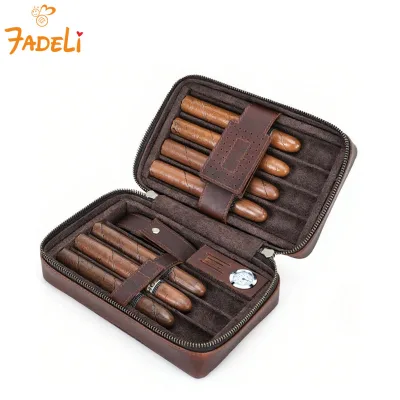 Custom Cigar Travel Humidor 7 Cigar Case Leather Portable Humidor Box with Built-in Moisturizing Agent Slot Digital Hygrometer