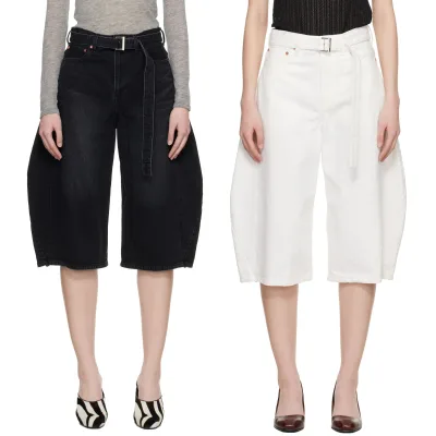 Black & White Skinny Denim Shorts 100% Cotton Non-stretch Low Waist Belt Loops Detachable Cinch Belt Women's