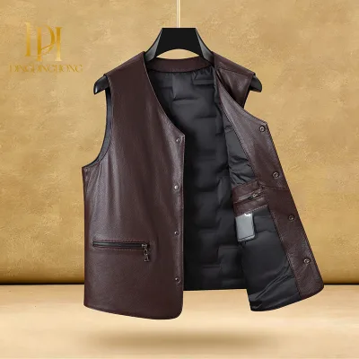 Men's New Genuine Grain Cowhide Vest Detachable Down Liner Sleeveless Waistcoat for Middle Aged Elderly Dad