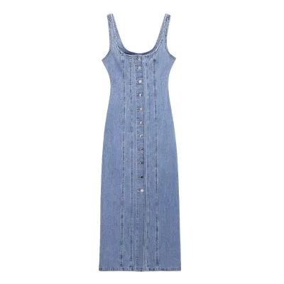 OEM ODM Women's 2024 Summer New European and American Fashion Casual Breasted Denim Strap Midi Dress square Neck