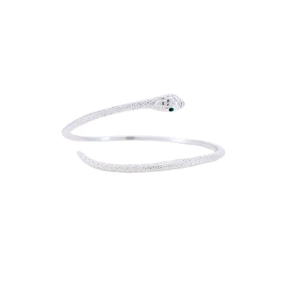 Fashion Charms Cuff Bracelet Snake Heads Plated 925 Silver Opening Adjustable Zodiac Snake Design with Eyes and Floral Details