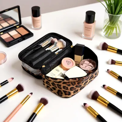 Leopard Print Transparent Zipper Fashion Large Capacity Portable Travel Makeup Bag with Soft Handle and PVC Material