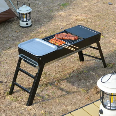 Mini BBQ Charcoal Steel Grill with Offset Smoker and Table Outdoor Cooking Space for Camping Picnic & Barbecue Set