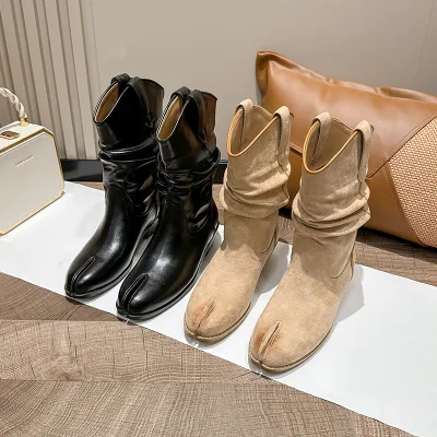 Custom Autumn Spring Winter Seasons Women's Mid-Calf Western Leather Boots With Split Toe Cowboy Cowgirl Mid Heel Boots