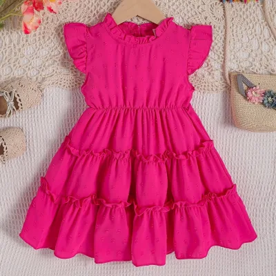 Summer Casual Girls' Dress INS Children's Clothing ODM Solid Color Sleeveless Lace Plain Dyed