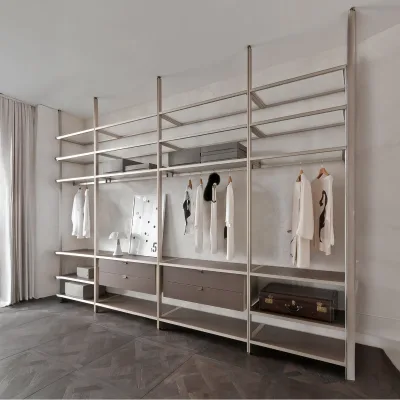 Floor-to-Ceiling Modular Open Walk-In Closet System Metal Pole Open Garment Rack with Solid Wood Drawers & Multi-Tier Shelves
