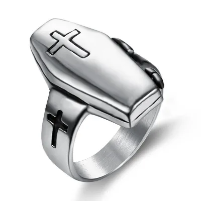 Wholesale Casting Biker Jewelry Custom Gothic Retro Coffin Stainless Steel Ring for Man