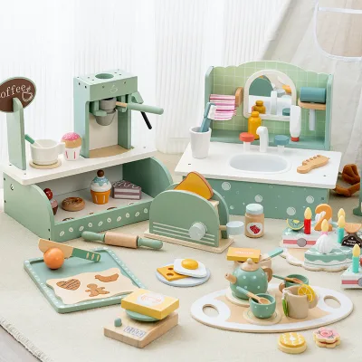 New Pretend-Play Wooden Toy Set Coffee Machine Dessert Kiosk Role-Playing Vending Shop Toys for 4-6 Year Olds