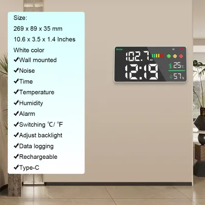 Wall-mounted Noise Meter, Clock, Humidity and Temperature Meter - Historical Data Monitoring and Export to Computer or Phone