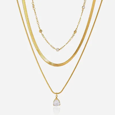 Jewelry Elegant 18K Gold Plated Stainless Steel Triple Layered Necklace Herringbone Snake Chain CZ Pendant for Women