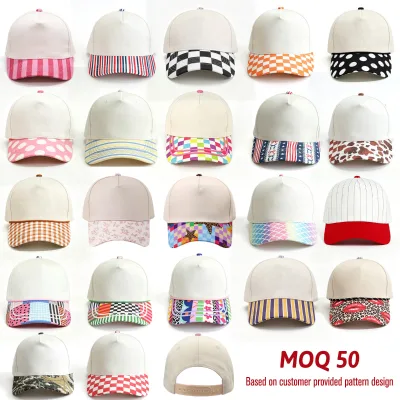 Striped Polka Dot Gingham Checkerboard Floral Preppy Two-tone Printed Brim Baseball Hat 5 Panel Retro Sporty Jesus Hat with Rope