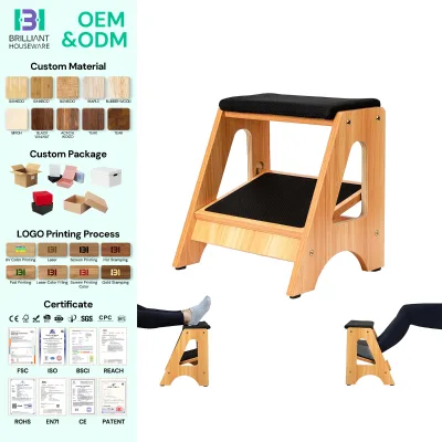 BH Adjustable Bamboo Wood Foot Stool Double Step Footrest with 3 Height Levels and Cushioned Top for Office Home
