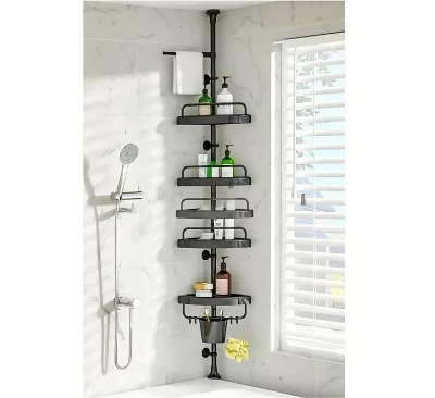 Heavy Duty 304 Stainless Steel Corner Shower Organizer 5 Adjustable Bathroom Shelves Tension Pole Fitted Heights Shower Caddy