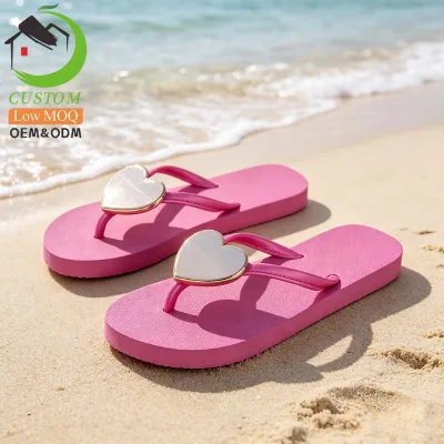 Women's Comfortable Barefoot Printed Heart Design PVC Upper Light Weight Soft Summer Outdoor Beach Flip-flops