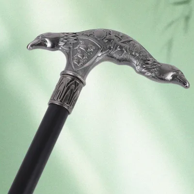 Antique Silver Double Eagle Head Walking Stick Heraldic Animal Shield Embossed Curved Handle Wizard Magic Cosplay Cane Wholesale