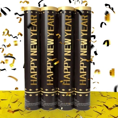Custom Cartoon Happy New Year Party Supplies Gold Black Confetti Cannons with Bag Smoke Powder Confetti Poppers Stickers