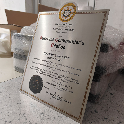 Custom Metal Authorization Award Plaque Agency Certificate Honor Uv Printed Metal Plate Trophy