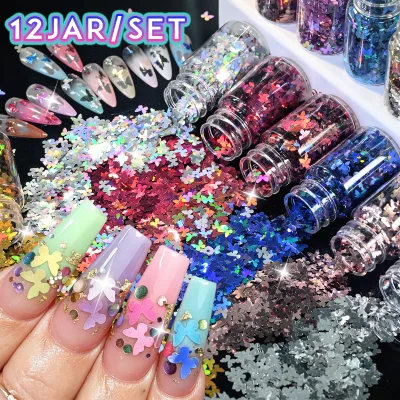 12 Jars Holographic Butterfly Nail Glitter Sequins Laser Iridescent Butterfly Confetti Flakes DIY Nail Resin Craft Supplies