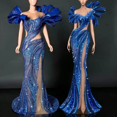 Royal Blue Straight Sexy Evening Gown Luxury Sequin Embellished Shoulder Floor-Length Formal Party Wear