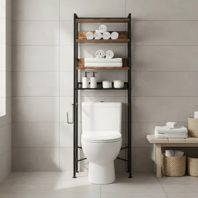 4-Tier Over Toilet Storage Shelf Rustic Wood Black Metal Frame Freestanding Bathroom Organizer