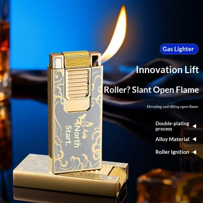 New-style HB060 Lift Mechanism Butane-Powered Retro-Style Roll-Wheel Flint Ignition Slanted Flame Metal Men's Lighter
