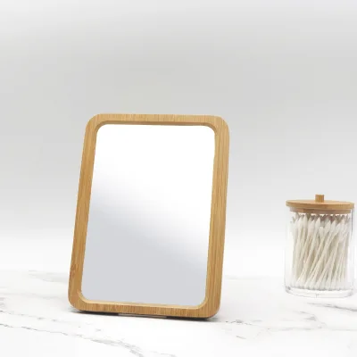 Customized Logo Nature Glass Eco-friendly Bamboo Base Desktop Standing Vanity Makeup Mirrors