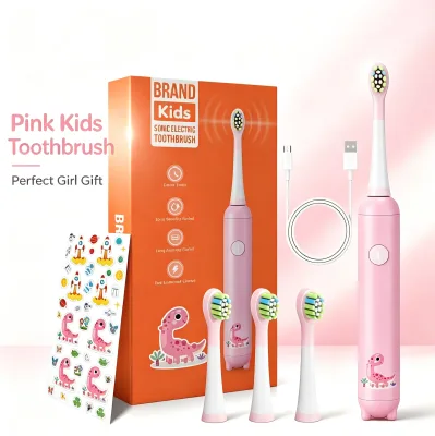 Pink Kids Sonic Toothbrush K5 Cartoon Rocket Rechargeable Waterproof 38000 VPM Soft Bristles 2-Min Timer Children Gift